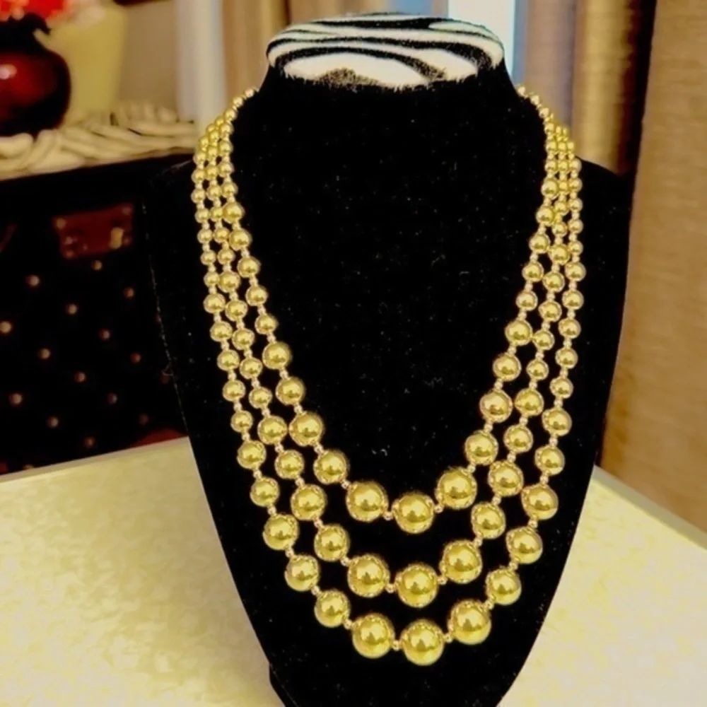 Three Strand Gold Beaded Necklace - Picture 4 of 6